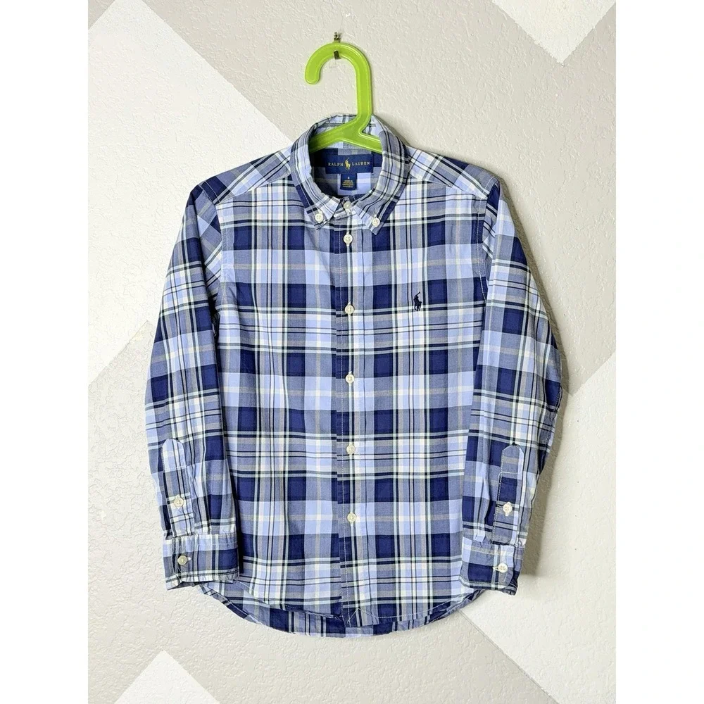 Ralph Lauren Boys Size 6 Blue Plaid Long Sleeve Button Down Cotton Shirt Preppy